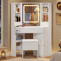 Coiffeuse d'angle avec miroir LED, étagères rotatives, station de charge et tabouret de rangement intégré