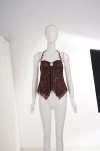 2026 Women's Vintage Brown Floral Print <b>Beaded</b> Halter <b>Top</b> with Metal Ring & Asymmetric Hem Sheer Mesh Camisole for Summer - Product Image 6