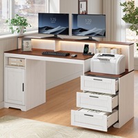 Bureau d'ordinateur convertible réglable en bois style ferme pour bureau à domicile avec tiroirs de rangement, 3 prises CA et 2 ports USB