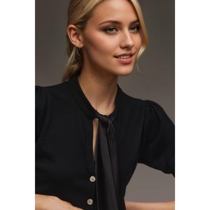 Bow <b>Tie</b> Front Cardigan Sweater Short Sleeve Button Down Knit Cropped Top Women Summer Elegant Style - Product Image 2