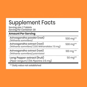 Таблетки Ashwagandha, потенцированные аюрведические травы с экстрактом длинного перца, для здоровой энергии реакции на стресс, частная марка - Product Image 2