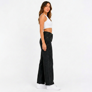 Pantalones de mezclilla azul real vibrante de cintura alta y pierna ancha para mujer, con cinturón completo, de largo completo, corte relajado y bolsillos funcionales, de algodón. - Product Image 1