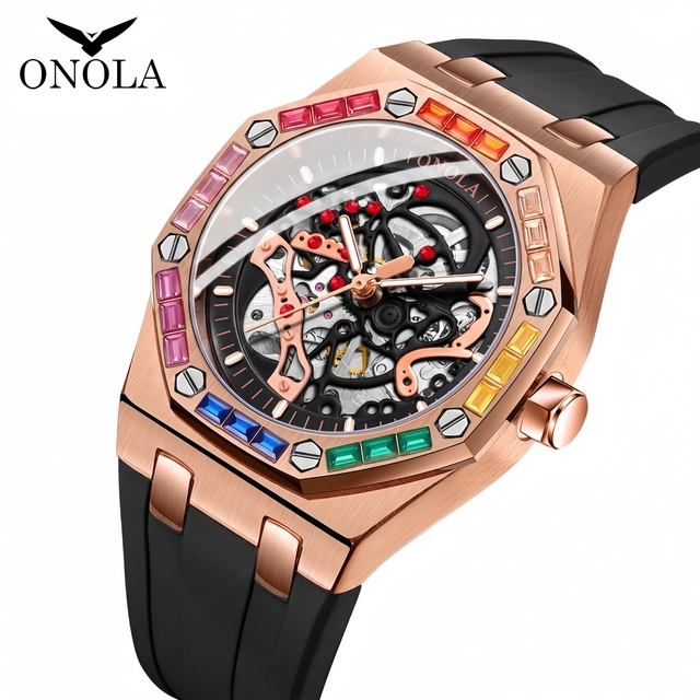 ONOLA Brand NEW Customized Logo Mechanical Watches Diamond Watch Men Automatic Skeleton Wristwatch Wholesale Watches OEM