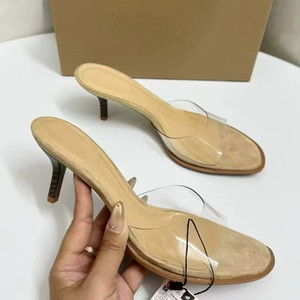 Mules de tacón de aguja para mujer de verano - Sandalias sin cordones con tira trasera abierta y tacón de lucita - Product Image 1