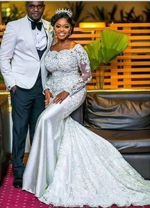 שמלת הילדה בתולת הים נייגרנית שמלת כלה שרוכים שרוולים ארוכים אפריקאי נערה שחורה שמלות כלה בתוספת גודל שמלת כלה חתונה - Product Image 3