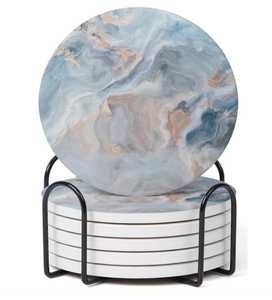 Sous-verres en céramique absorbante en marbre bleu abstrait avec support en liège pour la protection de la table, cadeaux de pendaison de crémaillère, décoration de nouvelle maison - Product Image 1