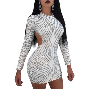 European American Women's Party Nightclub <strong>Sequins</strong> O-Neck Mid-Length Polyester Dress - Product Image 1
