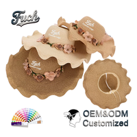Chapeaux de paille à bord volanté multi-tailles, motif floral, avec cordon coupe-vent, pour les vacances d'été, vente en gros