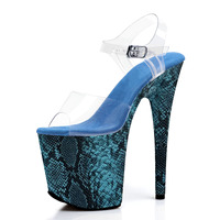 Nouvelles sandales d'été 20 cm bleues brillantes à plateforme 8 pouces, imprimé léopard et serpent, chaussures sexy pour pole dance, style élégant reine, grandes tailles