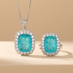 Geometric 12*16mm Cubic Zirconia <b>Ring</b> and Pendant CZ Bezel Set Copper White Gold Plated <b>Blue</b> Stone Women's Vintage Jewellery Set - Product Image 2