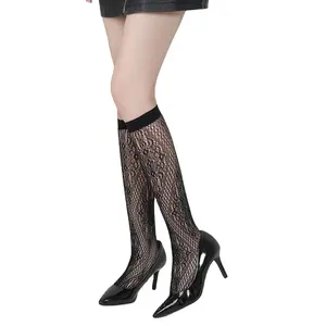 Sexy Fashion Custom Ladies Black Sheer Silk Floral Patttern Hollow Out Transparent Nylon Knee-High Women Socks