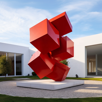 Paysage de jardin extérieur moderne Surface de soudure ornée de métal Revêtement rouge Grande sculpture géométrique en cube d'acier inoxydable