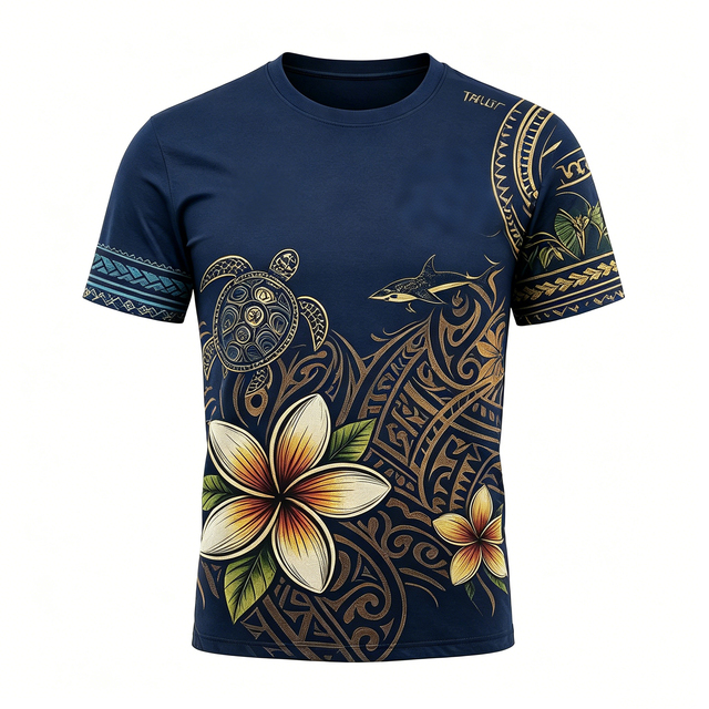 Wholesale Custom Men's Polynesian Tribal T-Shirt All-over Print Turtle & Plumeria Quick Dry Breathable Beach Shirt