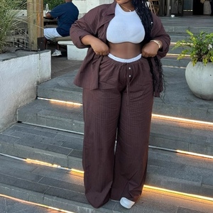 Plus Size Casual Striped Long Sleeve Cardigan Shirt High Waisted <b>Pants</b> African Women's Loose 2 Piece Set Fashion - Product Image 3