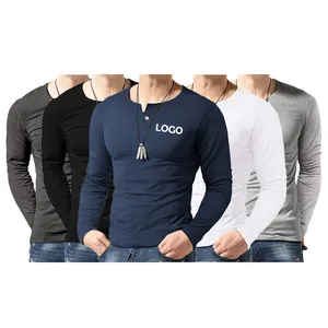 גברים חולצות יצרן מותאם אישית רקמת לוגו שחור הדפסה ארוך שרוול חולצה זכר ריק רגיל Tshirts
