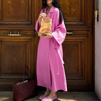 Robe Coton Rose Ample Décontractée, Pyjama Chic Col Revers Manches Longues Longueur Cheville, Robes Élégantes à Lacets pour Femme