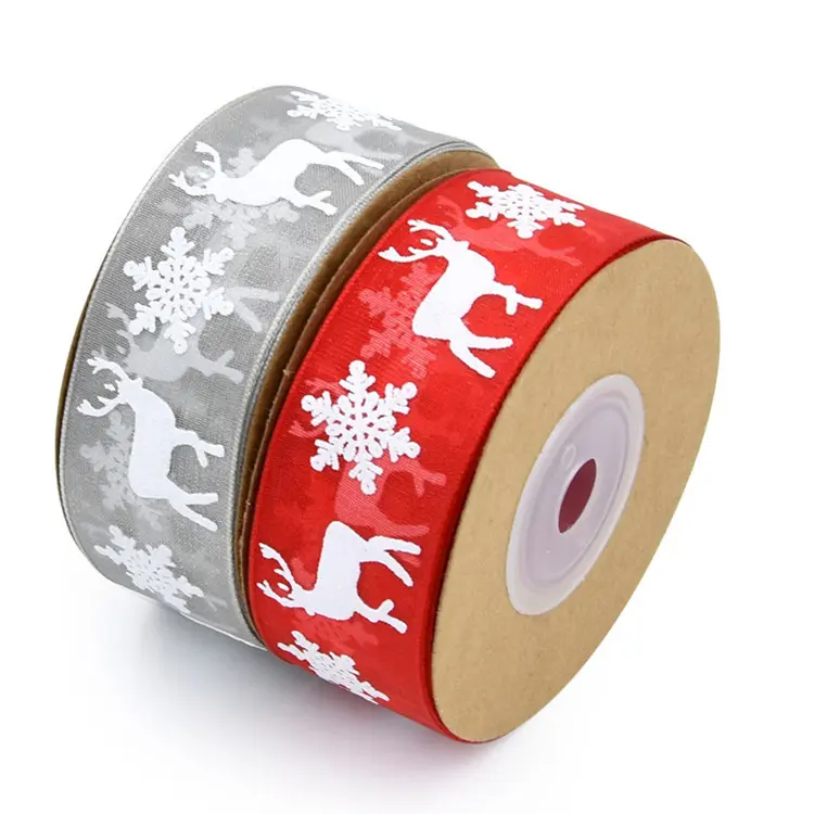 2.5cm Christmas Deer Snowflake Decoration Ribbon Custom Logo Transparent Sheer Printed Organza Happy Birthday Ribbon