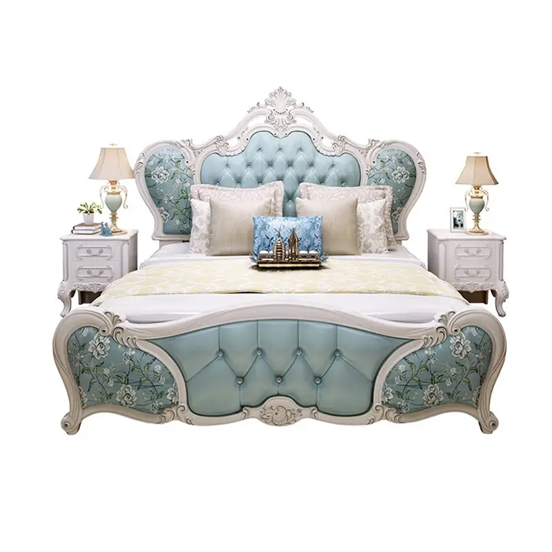 European style solid wood bed simple princess double bed luxury carved soft beds bedroom furniture set