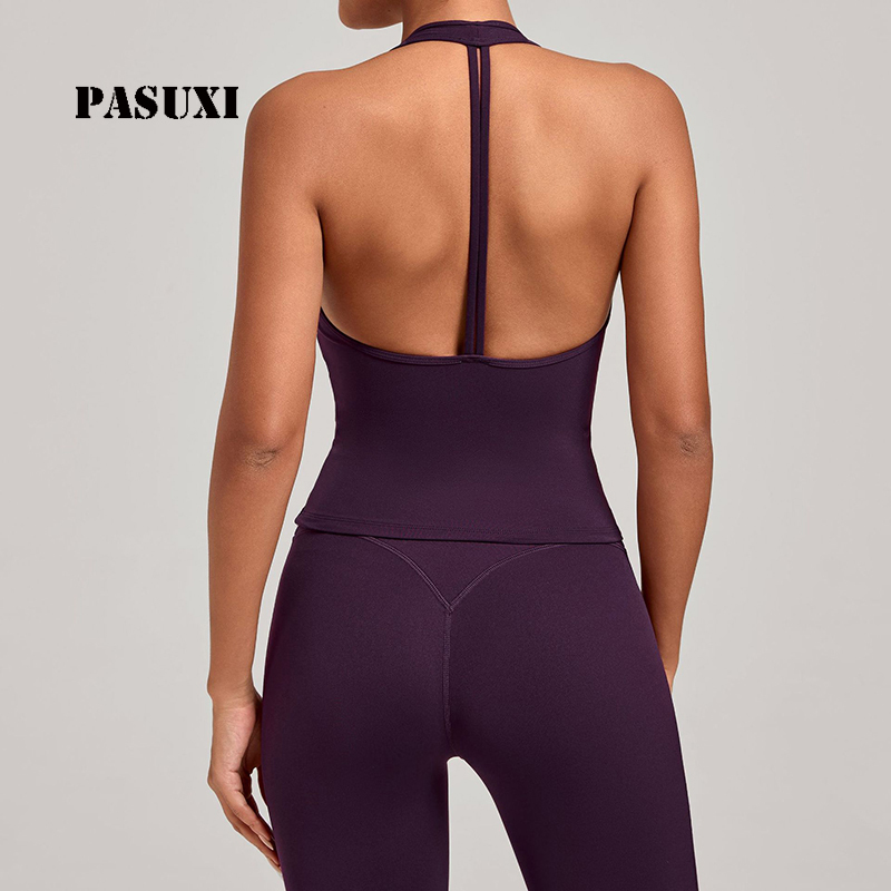 PASUXI Seamless V Neck Yoga Vest Women Regular Fit Breathable Quick Dry Tank Top Sleeveless Front Logo Sports Wear