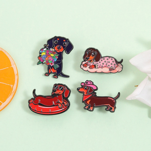 Broches de esmalte de dibujos animados de Dachshund lindos con gafas de sol, ramo de flores y sombrero de vaquero, joyería al por mayor - Product Image 2
