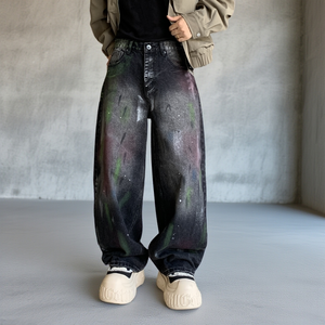 Jeans baggy à jambes larges pour homme, personnalisés OEM, denim noir délavé, effet éclaboussures de peinture, style streetwear, pantalon de skater - Product Image 1