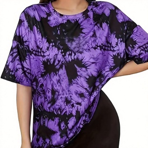 Camiseta Oversize Tie Dye para Mujer, Manga Corta, Cuello Redondo, Corte Holgado, en Algodón/Bambú Negro, Tejido Transpirable, Primavera/Verano - Product Image 1