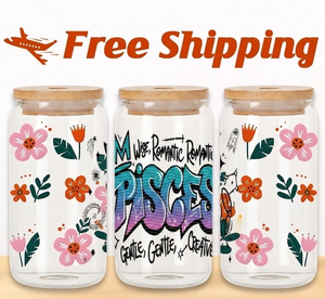 Free Shipping Hot Sale 16oz Glass Can Wrap UV DTF Printed Decal No Heat Press Astrology Pisces Flower Sticker Bulk Wholesale - Product Image 1