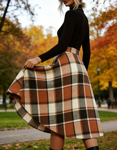 กระโปรงทรงเอพลีทลายตารางสไตล์วินเทจสำหรับฤดูใบไม้ร่วงและฤดูหนาว  ไซส์พลัส  ความยาวระดับเข่า  เอวธรรมชาติ  สำหรับผู้หญิง - Product Image 5