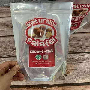 Kustom panas disegel aluminium foil mylar vakum kentang goreng bakso falafel makanan laut beku kemasan plastik berdiri ritsleting tas