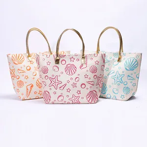 Manufacturer Cute Seashell Pattern Handmade Paper Fabric Beach Bag Summer Tote Shoulder Handbags