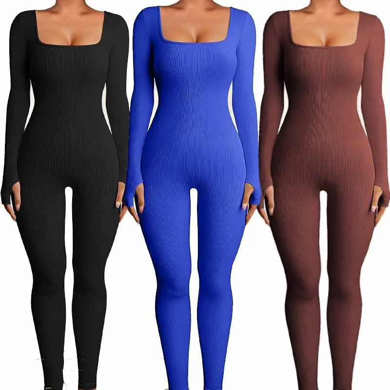 Women Yoga Jumpsuits Slim Gym One Piece Windproof Breathable Yoga Onesie Seamless Workout Ribbed Long Sleeve Sport Jumpsuits