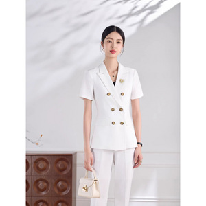 Women's Summer Short Sleeve Double Breasted Blazer And Trousers Set Formal Anti Wrinkle Commute Wear - Product Image 4
