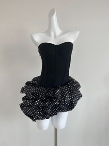 SB3925 Nuovo Arrivo <span class=keywords><strong>Abito</strong></span> <span class=keywords><strong>Mini</strong></span> Estivo Senza Spalline a <span class=keywords><strong>Pois</strong></span> con Coda di Pesce da Donna, Vestito Aderente Modellante con Gonna a Doppio Strato a Palloncino - Product Image 3