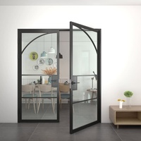 Porte intérieure double de style loft de haute qualité avec design en arche, en acier et verre, à battants, avec cadre en fer cannelé et vitrage.