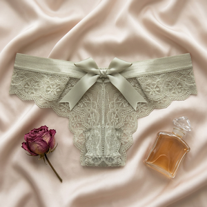 Tangas de encaje floral para mujer al por mayor, con lazo decorativo, color liso, transparentes, lencería sexy para mujer, bragas de talle bajo con diseño hueco tipo G-string - Product Image 4