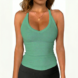 Top de tirantes verde acanalado con cuello en V para mujer, estilo deportivo, de punto, liso, transpirable, sin mangas, tendencia 2026, ODM OEM - Product Image 1