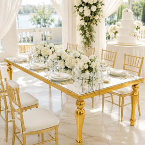 Table de banquet rectangulaire de luxe en acier inoxydable avec plateau miroir et pieds tournés pour événements de mariage – Vente en gros - Product Image 5