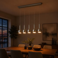 Lustre suspendu linéaire moderne à 5 lumières, nickel brossé, globe, hauteur réglable, tension universelle, OEM/ODM pour salle à manger et cuisine