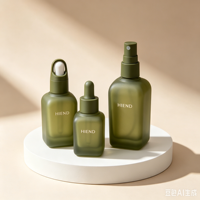 Flacon compte-gouttes en verre vert olive dépoli, flacon de sérum de luxe à forme carrée douce, emballage écologique pour soins botaniques du visage et huiles.