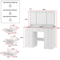 Vente en gros de bureau de maquillage en MDF blanc avec miroir triple éclairé, plateau en verre et 9 tiroirs