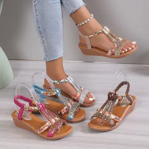 New summer flat rhinestone fishmouth ladies sandal women shoes casual outdoor beach elastic band roman plus size women's sandals