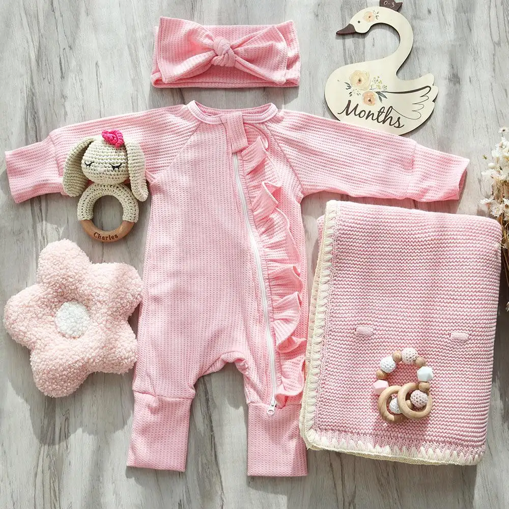 2024 individuelle Farbe Neugeborene Kleinkind Kleinkinder Mädchen Footie-Bekleidung solide Farbe Waffel Bio-Baumwolle Rüschen Babykleid mit Reißverschluss