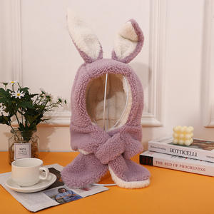 Bonnet une pièce pour enfants automne-hiver, avec oreilles de lapin mignonnes, écharpe intégrée – motif dessin animé, extérieur, peluche épaisse, vente en gros - Product Image 3