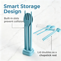 Ensemble de couverts en plastique sans BPA tendance et personnalisé, baguettes, fourchette, cuillère, étui de transport portable, kit de couverts réutilisables pour le bureau et l'école