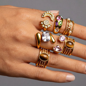 Bague Vintage de Luxe Européenne et Américaine en Acier Inoxydable avec Zircon Cubique Coloré Doré, Bague de Doigt Personnalisée pour Femme - Product Image 3