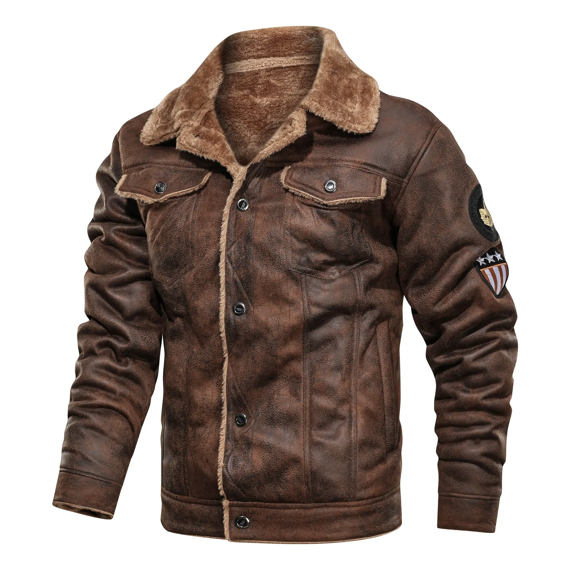 Autumn and winter fashion motorcycle jacket outdoor leather plus velvet khaki uniform warm plus size men's jacket