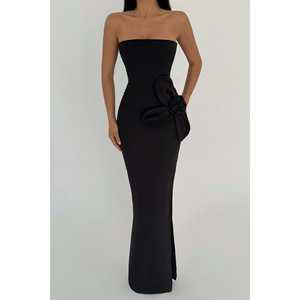 Robe de soirée longue noire à détails roses, bustier, coupe droite, style fourreau, taille empire, en polyester, tailles XS à XL, pour anniversaire, ODM - Product Image 3