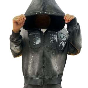 Chất Lượng Cao Đau Khổ Thêu Mặt Trời Faded Zip up Hoodies Tùy Chỉnh Đồ Họa Nặng 500gsm Người Đàn Ông Rhinestone Boxy Rửa Áo - Product Image 1