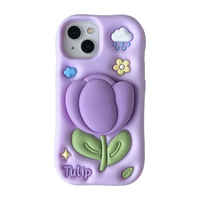 Cute Product Purple 3D Flower Design Silicone Phone Case with Stand for All Models