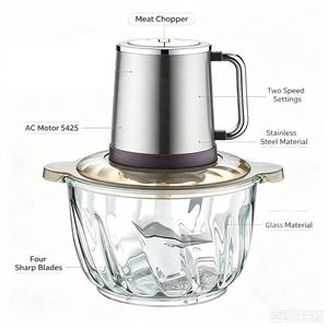 <span class=keywords><strong>Hachoir</strong></span> Électrique 300W avec Moteur AC, <span class=keywords><strong>Bol</strong></span> en <span class=keywords><strong>Verre</strong></span> 2L, <span class=keywords><strong>4</strong></span> <span class=keywords><strong>Lames</strong></span>, 2 Vitesses, Protection de Sécurité et Socle Antidérapant - Product Image 3